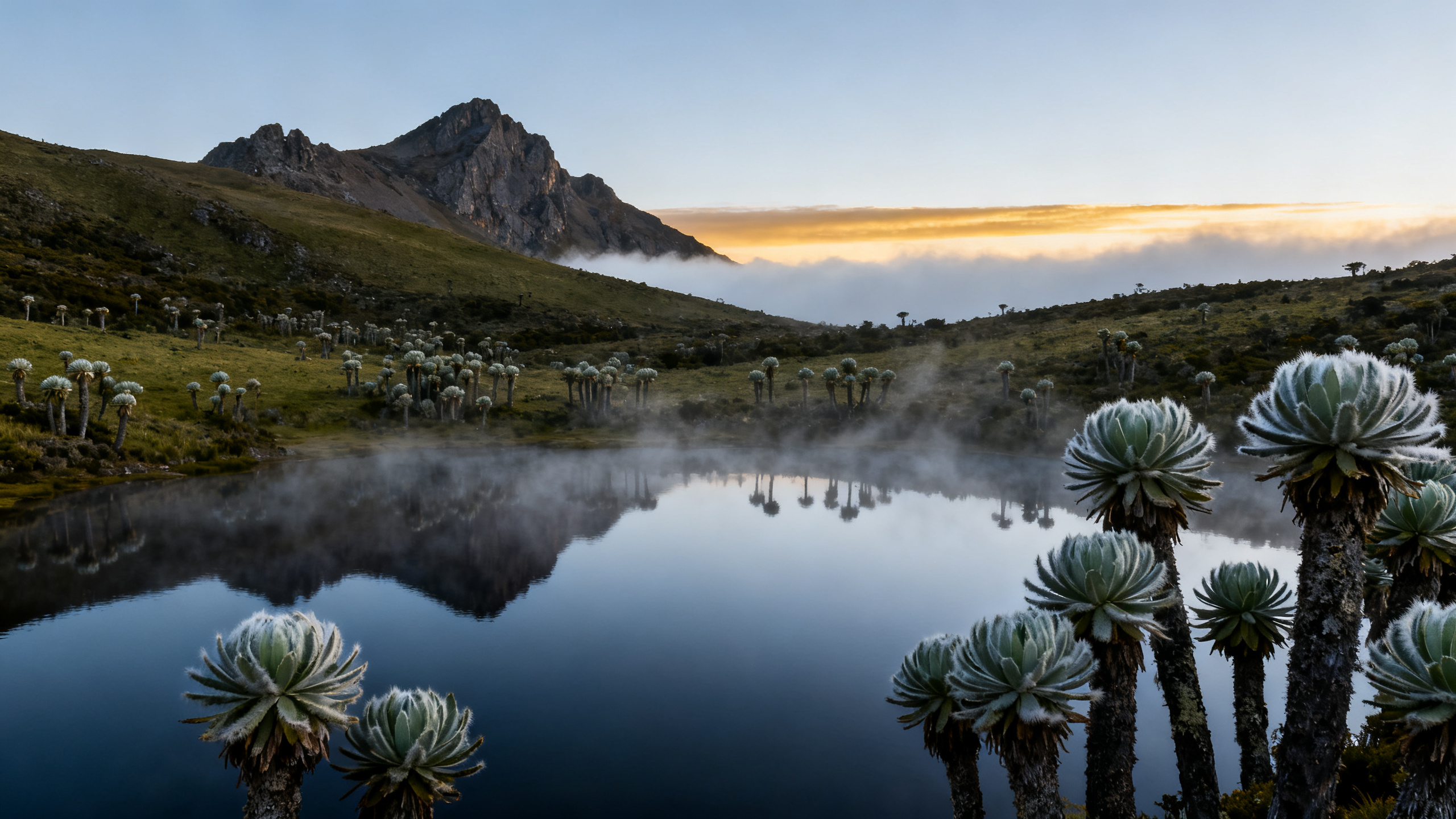 Laguna del Otún al amanecer: espejo de agua quieto rodeado de frailejones y niebla baja sobre la orilla.