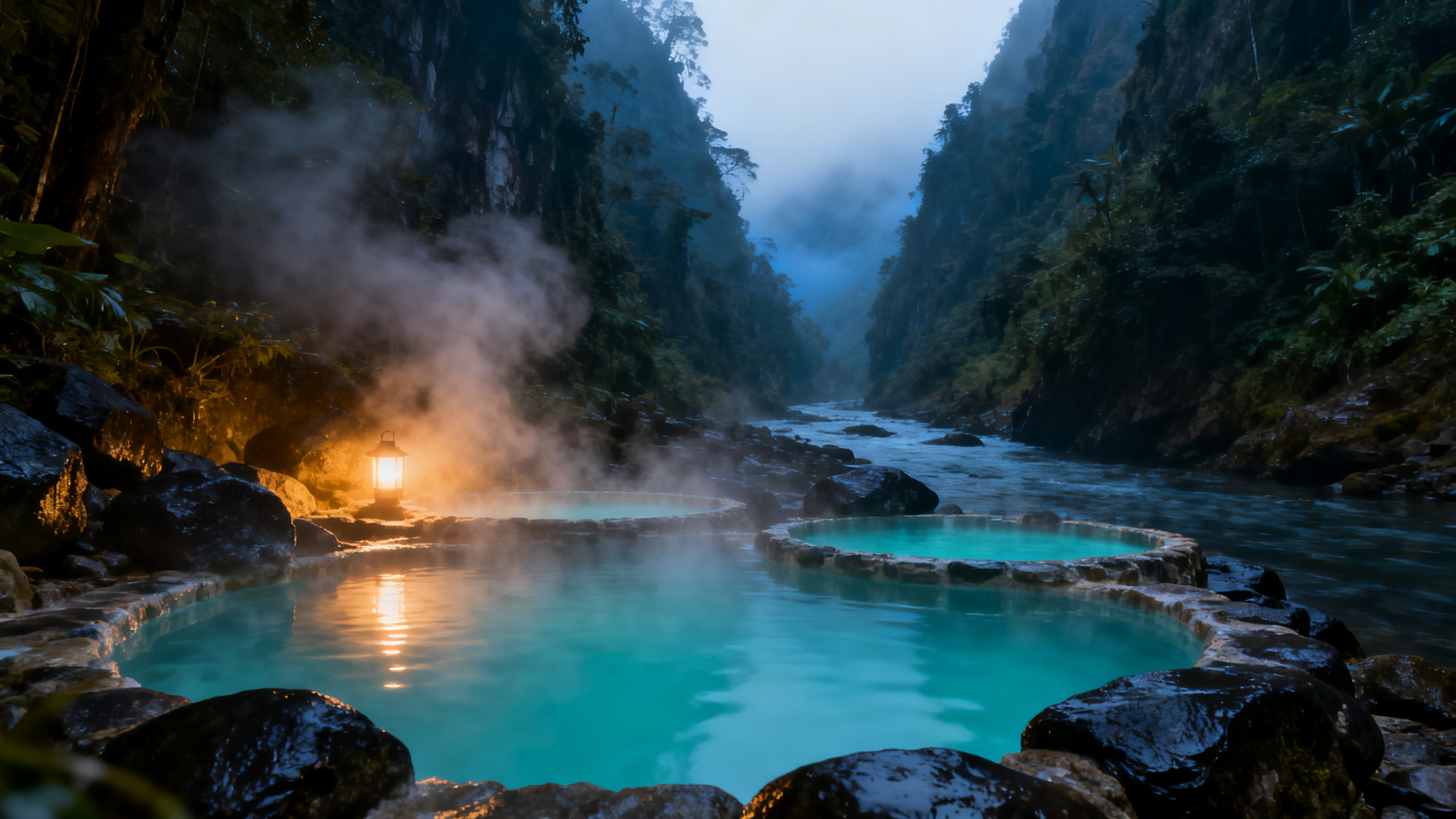 Pozos termales de San Vicente encajados en un cañón de bosque nublado, con vapor sobre el agua al atardecer.