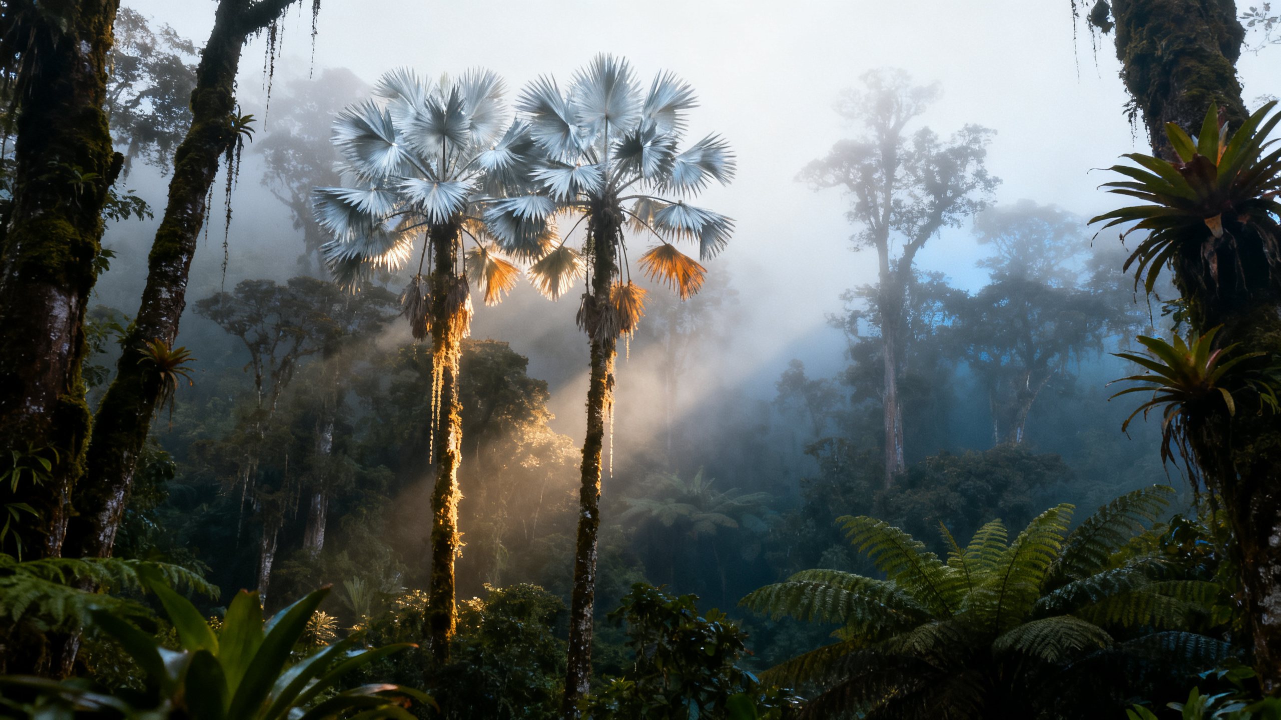 Interior del bosque nublado del Santuario Otún Quimbaya: yarumos de hojas plateadas y haces de luz entre la bruma.