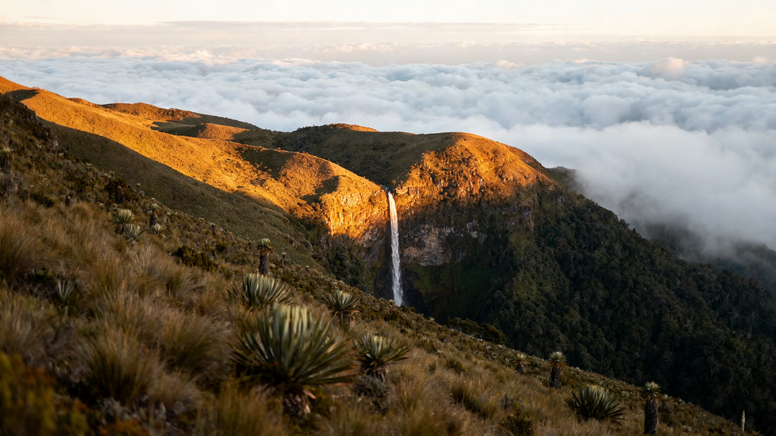 Filo de páramo virgen del PNN Tatamá en hora dorada, con una cascada alta cayendo sobre un mar de nubes.